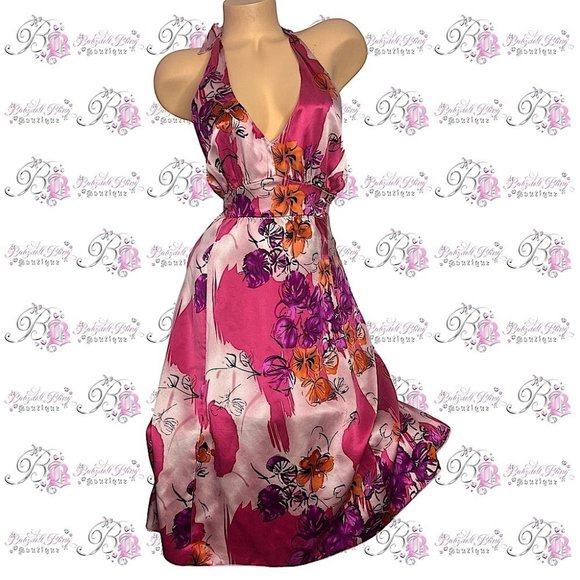 100% silk dress pink floral flowers 💐 orange black tie dye pattern halter retro